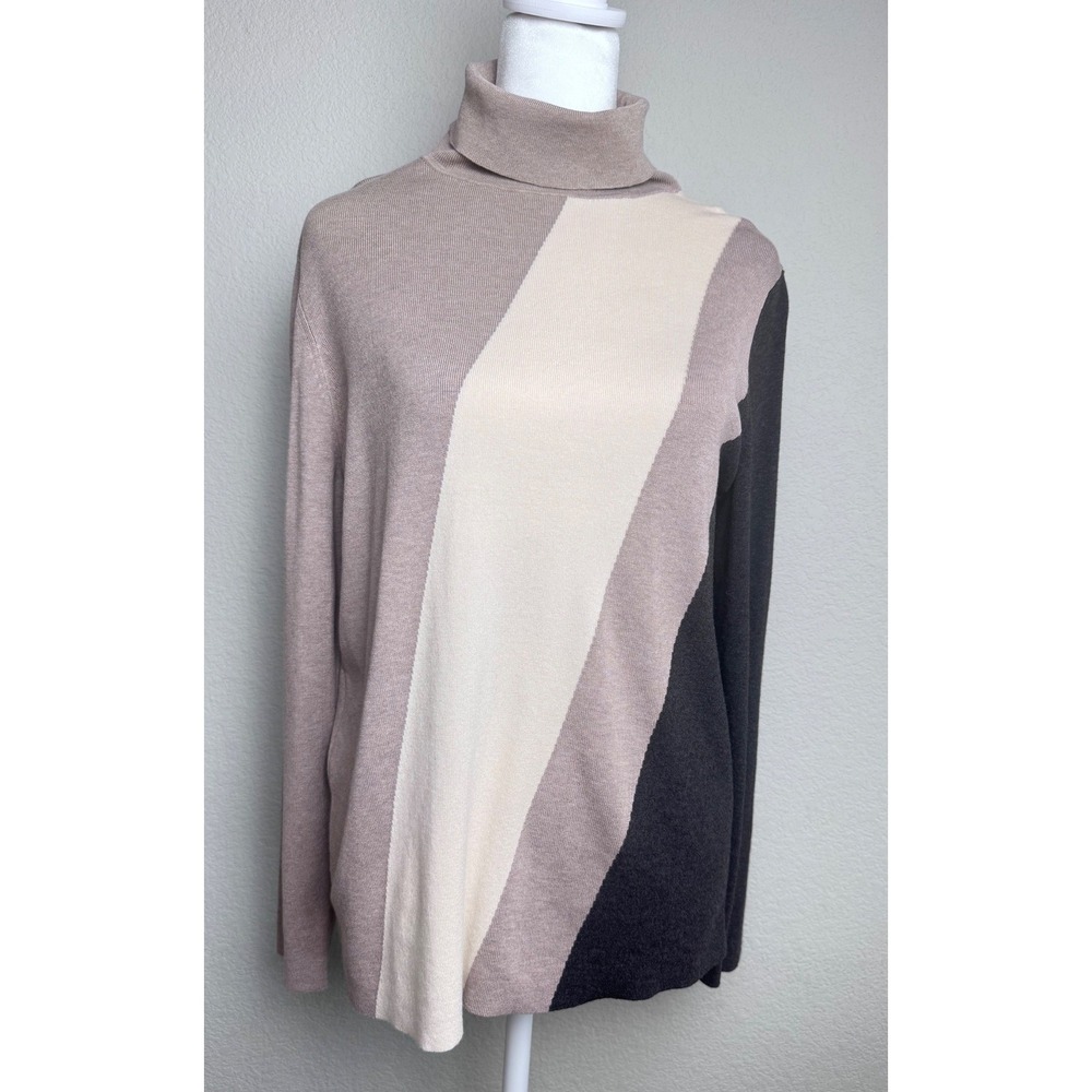 Chicos Colorblock Turtleneck Sweater Womens 2 Large Neutral Stripe Ecovero Knit